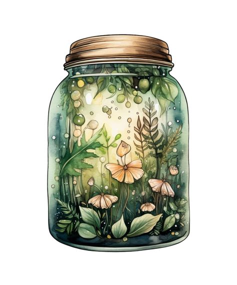 Terrarium Ideas Drawing, Bell Jar Illustration, Jar Drawing Aesthetic, Terrarium Drawing, Terrarium Tattoo, Jar Drawing, Jar Image, Bottle Terrarium, Hanging Jars