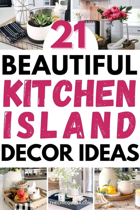 kitchen island decor Island Styling Ideas, Kitchen Island Centerpiece Ideas Simple, Kitchen Island With Stove Decor, Centerpiece For Island Kitchen, Decorated Kitchen Islands, Kitchen Peninsula Decorating Ideas, Kitchen Island Plants Decor, Center Island Decor Ideas, Small Island Centerpiece Ideas