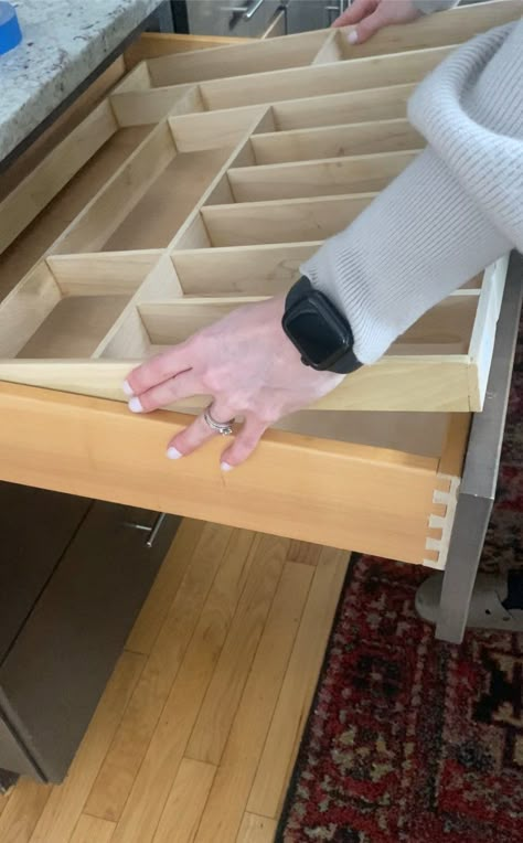 How to make kitchen drawer organizers — Built by Caitlin Silverware Drawer Organizer Diy, Kitchen Drawer Dividers Diy, Built In Silverware Drawer, Kitchen Drawer Organization Ideas Diy, Drawer Divider Ideas, Drawer Inserts Kitchen, Kitchen Can Storage, Diy Utensil Drawer Organizer, Kitchen Pantry Drawers