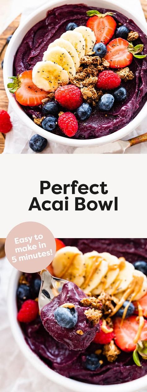 Here's how to make a thick and creamy acai bowl at home in just 5 minutes! It's a healthy and refreshing snack or breakfast that can be customized with your favorite toppings. Peanut Butter Acai Bowl, Acai Bowl Recipes Healthy, Acai Bowl Recipe Easy, Homemade Acai Bowl, Acai Bowl Recipe, Bowl Recipes Easy, Açaí Bowls, Acai Bowls Recipe, Gf Breakfast