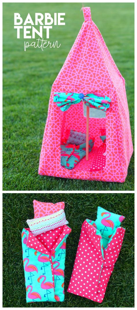 cutest-dollhouse-that-you-can-sew Barbie Tent, Tent Pattern, Kerajinan Diy, Diy Barbie House, Free Barbie, Accessoires Barbie, Sewing Barbie Clothes, Barbie Sewing Patterns, Doll Furniture Diy