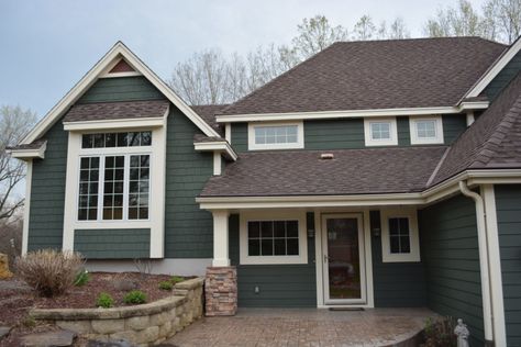 Cypress Certainteed Siding, James Hardie Green Siding, Exterior Hardie Board Colors, Green Hardie Board House, Hardie Board House, Hardie Board Colors, Certainteed Siding, Green House Color, Gambrel Exterior