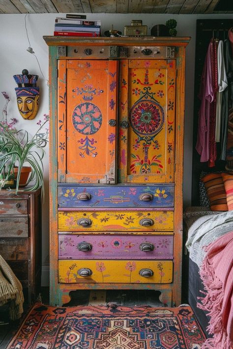 Boho Furniture Ideas, Colourful Cupboards, Boho Bedroom Storage, Upscaling Furniture, Ethnic Interior Design, Statement Cabinet, Boho Cabinet, Witches Decor, Bold Furniture