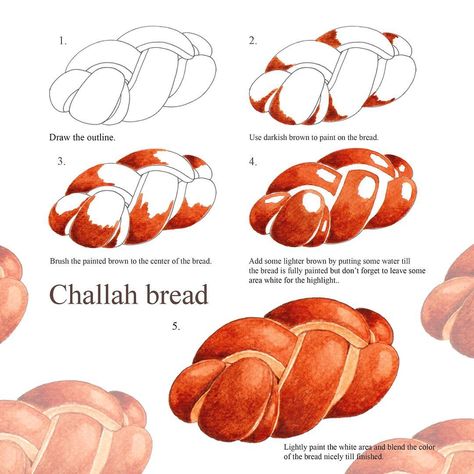 Namwanpastel  🕊 on Instagram: “How to paint challah bread in 5 steps 🥰” Drawing Food Step By Step Watercolor Painting, Watercolor Bread, Watercolor Bakery, Food Art Painting, Studying Food, Food Art Photography, Bread Art, Food Sketch, Challah Bread