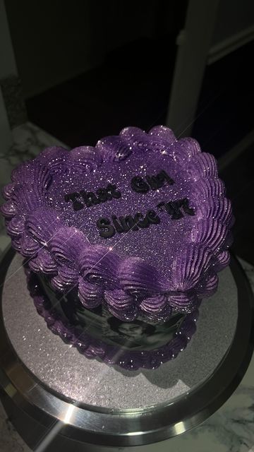 Sweet 16 Cakes Purple And Silver, 24th Birthday Cake Heart, Purple Heart Cakes Birthday, Purple Glitter Cake Birthday, Black And Purple Heart Cake, Purple Disco Birthday Cake, Small Purple Cake, Heart Cake With Picture, Sweet 16 Birthday Cakes Purple