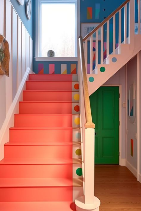 make it colorful! don't be afraid of colors, let's play! #interior #playfulinterior #interiordesign #stairsideas 🫧 Colorful Stairs, Stair Idea, Hall Door, Room Wall Stickers, Watercolor Dots, Kids Room Wall Stickers, Staircase Wall, Painted Stairs, Interior Stairs