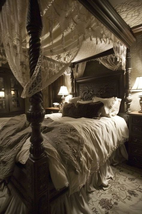 Mantel Decorating Ideas Bedroom, French Gothic Bedroom, Medieval Aesthetic Bedroom, Vampire Bedroom Aesthetic Victorian, Gothic Victorian Room Aesthetic, White Goth Decor, White Gothic Room, 1920s Bedroom Aesthetic, Morute Bedroom