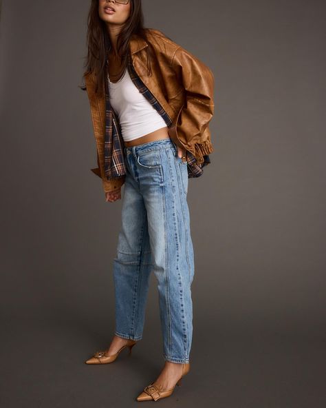 Introducing the Muse. We made a barrel jean. Thank us later. Camel Leather Jacket, Fall Bottoms, Party Bottoms, Brown Faux Leather Jacket, Fall Sweater Dress, Concert Dresses, Denim And Diamonds, Bridal Tops, Light Jeans