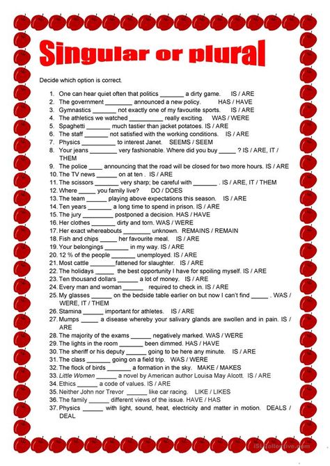 Singular or Plural - English ESL Worksheets for distance learning and physical classrooms Subject Verb Agreement Worksheet, Plural Nouns Worksheet, Plurals Worksheets, Singular And Plural Nouns, Nouns Worksheet, Subject Verb Agreement, Singular And Plural, Verb Worksheets, English Grammar Worksheets