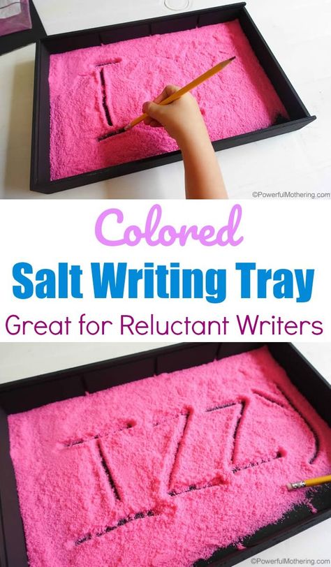 Colored Salt Writing Tray For Reluctant Writers #salttray #preschool #kindergarten #prek #writing #namepractice #myname #write Colored Salt, Writing Activities For Preschoolers, Handwriting Activities, Pre Writing Activities, Preschool Writing, Kindergarten Writing, Pre Writing, Writing Center, Early Literacy