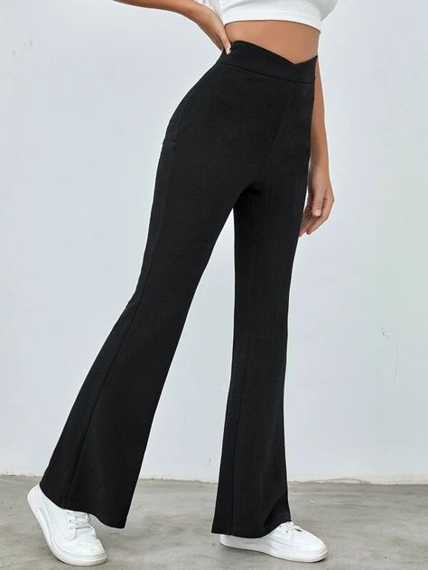 High Waist Solid Flare Leg Pants | SHEIN USA Flare Pants Outfit Classy, Flare Leg Pants Outfit, High Waisted Flare Pants, Flare Legging, Hijab Style Casual, Flared Leggings, Classy Casual Outfits, High Waisted Flares, Flare Leg Pants