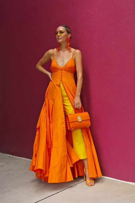 Blair Eadie showcases all of her favorite new summer color combinations to wear // Click through for more on Atlantic-Pacific Summer Color Dresses, Combine Colors Clothes, Styling Orange Dress, Yellow Orange Dress, Bold Color Outfits Summer, Bold Color Dress, Red And Orange Dress, Yellow Combination, Blue Yellow Outfit