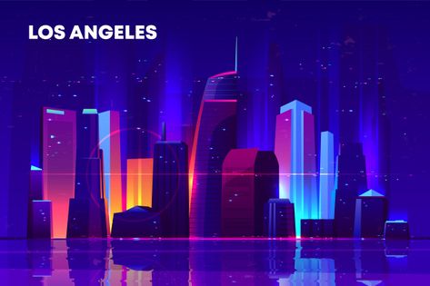 Los angeles skyline with neon illumination. Vector | Free Download Neon City Art, Landscape Neon Background, Cyberpunk City Illustration Vector, Neon Street, Neon Vector, Neon Skyline, Synthwave Neon, Los Angeles Poster, Street Building