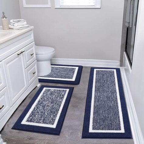 PRICES MAY VARY. Ultra Soft Bathroom Rugs Sets: Pauwer microfiber shaggy bathroom floor mats are made of high-quality microfiber material, which provides a soft and comfortable massage feeling for your feet. Extra Absorbent Bath Mats: These upgraded luxury bathroom rugs sets are made of microfiber, and the moisture is trapped in the deep pile of the mat. Non-Slip Bath Mat: The newer version of TPR adhesive makes the 3 pieces bathroom rugs sets more durable, can maintain the new appearance year a Navy White Bathroom Decor, Bathroom Decor Dark Blue, Navy Boho Bathroom, Blue Gray Bathroom Decor, Navy And White Bathrooms, Navy Blue Bathroom Ideas Decor, Dark Blue Bathroom Decor, Dark Blue And White Bathroom, Guys Bathroom Ideas