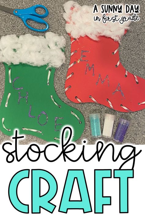 Christmas Crafts First Grade Classroom, Kindergarten Crafts December, Deck The Halls Preschool Activities, Stocking Toddler Craft, Christmas Classroom Projects, Christmas Stockings Craft Preschool, Decorate A Stocking School Project, First Day Of December Crafts, Christmas Stocking Preschool Crafts