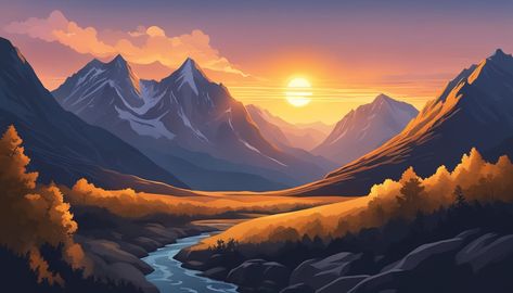 Sunrise Illustration, Cabin Sunset, Father's Day Painting, Mountains Sunrise, Commercial Website, Sunrise Mountain, Mountain Background, Sunrise Painting, Mountain Illustration