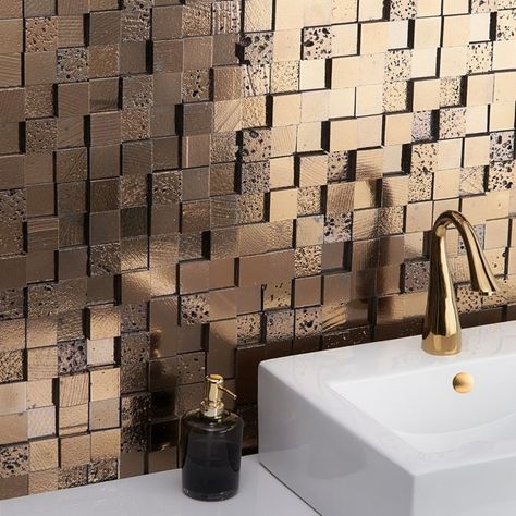 Sample-Magma Bronze 3D Squares Lava Stone Mosaic Tile Tile Accent Wall Bathroom, Mosaic Tile Fireplace, Custom Mosaic Tile, Natural Stone Bathroom, Tile Accent Wall, Wall Mosaic, Copper Tiles, Sleek Bathroom, Metallic Backsplash