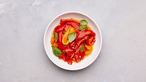 Marinated Peppers with Basil and Garlic Recipe | Bon Appétit Marinated Peppers, Preserving Fruit, Pretty Jars, Veg Recipe, Happy Eating, Pepper Recipes, Garlic Recipe, Summer Foods, Vegan Thanksgiving Recipes