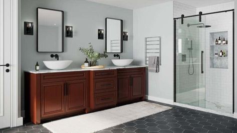 Charleston Cherry Bath Vanities Cherry Bathroom Vanity, Cherry Bathroom, Cherry Kitchen Cabinets, Kitchen Cabinets Upgrade, Cabinet Upgrade, Cabinet Samples, Kitchen Cabinets Grey And White, Affordable Kitchen Cabinets, Cherry Wood Cabinets