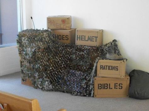 Army theme                                                                                                                                                     More Bible Boot Camp, Army Decorations, Army Party Decorations, Sunday School Themes, Army Boot Camp, Camp Vbs, Camping Decorations, Camouflage Party, Army Birthday Parties