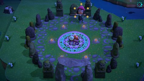 Witchy Acnh Design, Acnh Rock Circle, Dark Fairy Core Acnh, Acnh Moon Flag, Witchy Acnh Island, Acnh Moon Ideas, Acnh Witchy Island Ideas, Animal Crossing Witchy Island, Acnh Witchy Design Codes