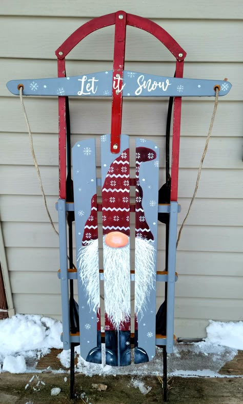 Hand-painted gnome on an old sled. Christmas Sled Painting Ideas, Painted Old Sleds, Painted Sleds For Christmas, Sled Decorating Ideas Diy, Decorated Sleds, Window Shutter Crafts, Painted Sleds, Christmas Sled Decoration, Craft Themes