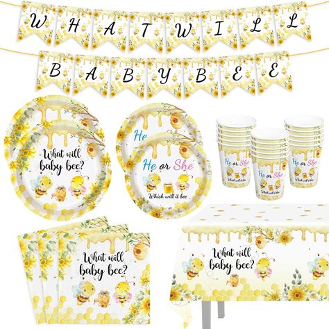 PRICES MAY VARY. 【Bee Gender Reveal Party Supplies】The bee gender reveal party supplies includes 24pcs 9'' dinner paper plates, 24pcs 7'' dessert paper plates, 24pcs napkins, 24pcs cups, 1pcs banner, 1pcs tablecloth, making the bee party decoration an ideal choice for celebratory events. 【Bee-themed Gender Reveal Design】The bee party plates, napkins and banner are perfect for a gender reveal party. The cute and charming bee design adds warmth and joy to your celebration. Whether you're having a Sunflower Gender Reveal Ideas, Bee Gender Reveal Decorations, What Will It Bee Gender Reveal, Honey Bee Gender Reveal, Bee Gender Reveal Party, Bee Themed Gender Reveal, Bee Party Decorations, Bee Plates, Bee Theme Party