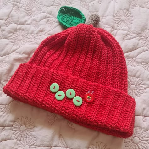 Hungry caterpillar beanie 😍😍😍 tutorial on YouTube pattern on my website #theveryhungrycaterpillar #crochet Very Hungry Caterpillar Knitting Pattern, Crochet Fruit Beanie, Red Crochet Patterns, Cute Crochet Hat Ideas, Crochet Fruit Hat, Crochet Ideas Hat, The Very Hungry Caterpillar Crafts, Twee Crochet, Very Hungry Caterpillar Crochet