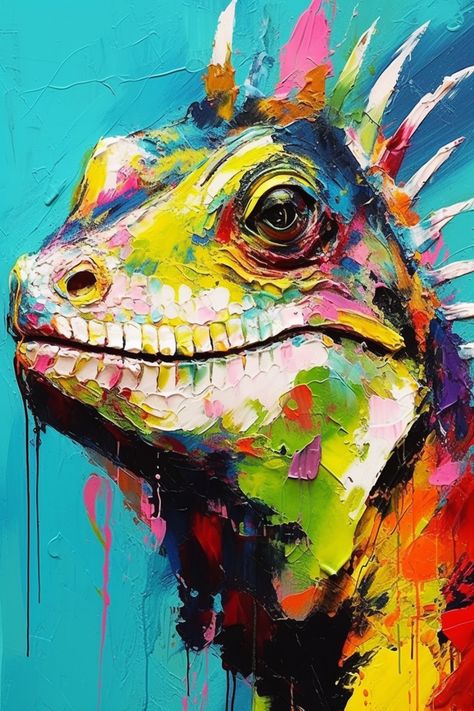 Immerse yourself in the vivid shades of nature with this stunning artwork featuring a colorful lizard against a mesmerizing blue backdrop. Let the intricate details and vibrant hues transport you to a world of imagination and wonder. This artwork showcases a vivid and bright depiction of a reptile, likely a lizard, adorned in vibrant shades of yellow, pink, green, and blue against a turquoise background. #GiveMeMood #Art #Decor #Lizard #Nature #WallArt #WallDecor Drawing Lizard, Lizard Painting, Lizard Drawing, Lizard Art, Colorful Lizards, Drawing Realistic, Blue Backdrop, World Of Imagination, Turquoise Background