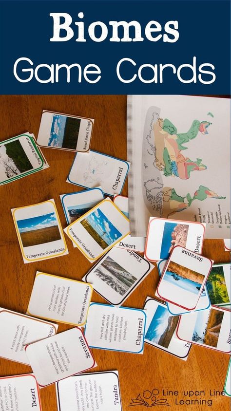 These biomes game cards helped us review the eight land-based biomes. The biomes game cards have descriptions, maps, and real photographs. Biomes Activities, 7th Grade Science, Homeschool Geography, 6th Grade Science, Earth And Space Science, Science Games, Classical Conversations, Summer Learning, Homeschool Science