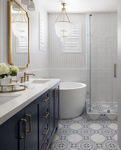 Bathroom Blue Tile Floor, Navy And Gold Bathroom, Bathroom Blue Tile, Blue Tile Floor, Bathroom Floor Tile Ideas, Bathroom Lighting Design, Floor Tile Ideas, Bathroom Floor Tile, Soaking Tubs