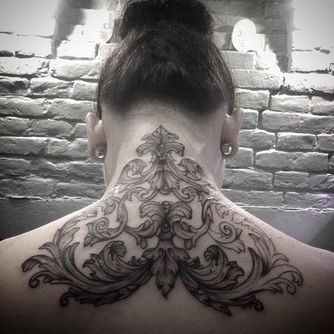 baroque tattoo on back of neck Back Of Neck Tattoos For Women, Baroque Tattoo, Nape Tattoo, Tattoo Son, Army Tattoos, Back Of Neck Tattoo, Neck Tattoos Women, Poses Couple, Dog Yoga