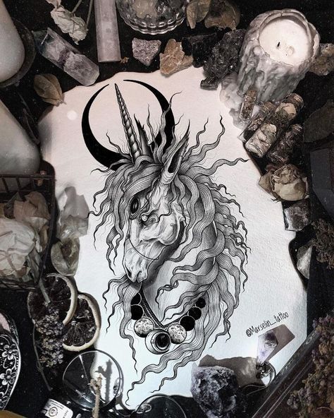 fantasy ink drawing Thestral Tattoo, Unicorn Tattoo Designs, Illustrative Tattoos, Mystical Tattoos, Unicorn Tattoos, Unicorn Drawing, Beautiful Unicorn, Dark Art Tattoo, Horse Tattoo