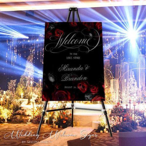 Elegant Black and Red Floral Wedding Welcome Sign Black Quinceanera Theme, Red Floral Wedding, Black Red Wedding, Black And White Wedding Theme, Red And White Weddings, Red Wedding Theme, White Wedding Theme, Quinceanera Themes, Gothic Romance