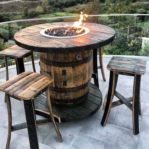 Rustic Wooden Fire Pit Area #woodenchairs ★ Modern fire pit ideas for your unforgettable outdoor party gatherings. ★ #firepit #backyard #outdoordecor #homedecor Barrel Fire Pit, Whiskey Barrel Table, Modern Outdoor Fireplace, Spool Furniture, Outside Fire Pits, Barrel Projects, Wine Barrel Furniture, Barrel Decor, Modern Fire Pit