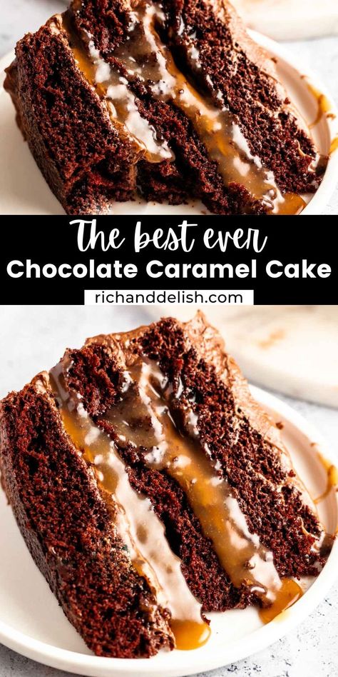 This chocolate caramel cake is made with a moist one bowl chocolate cake, filled with caramel sauce, and frosted with chocolate caramel frosting. Cake Aux Olives, Caramel Cake Recipe, Chocolate Caramel Cake, Salted Caramel Cake, Caramel Desserts, Caramel Frosting, Caramel Cake, Cake Fillings, Caramel Recipes