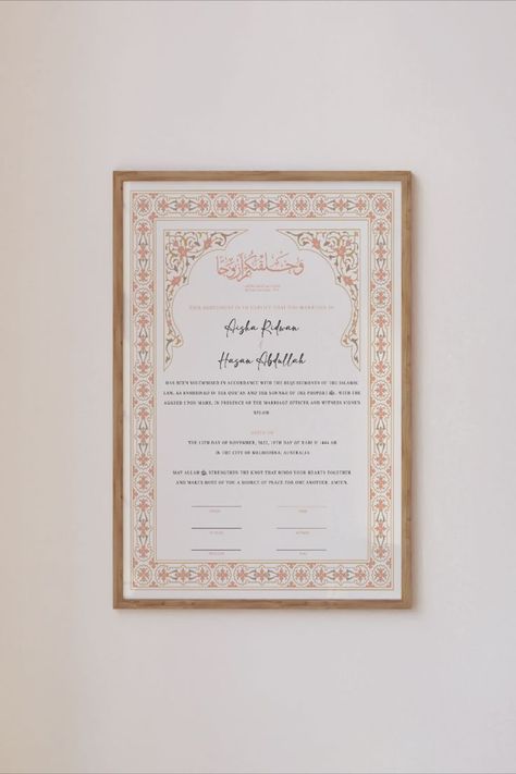 Islamic Nikkah/Marriage Certificate Wedding Certificate Template, Islamic Nikkah, Nikkah Contract, Nikkah Certificate, Wedding Card Frames, Dream Wedding Ring, Wedding Certificate, Marriage Certificate, Baby Bear Baby Shower