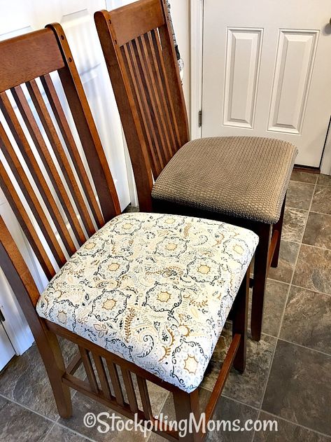 Dining Chair Makeover Upholstery, Recovered Dining Chairs, Diy Car Upholstery, Reupholster Dining Room Chairs, Refinished Chairs, Car Upholstery Cleaner, Fabric Kitchen Chairs, Redo Kitchen, Dining Chair Makeover