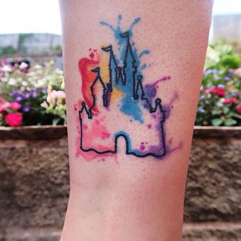 Disney castle tattoo. Watercolour tattoo #disneytattoo Disney Tattoos Cinderella, Disney Watercolor Tattoo, Disney Castle Tattoo, Disney Sleeve Tattoos, Tattoo Disney, Castle Tattoo, Polynesian Tattoos, Mouse Tattoos, Kunst Tattoos