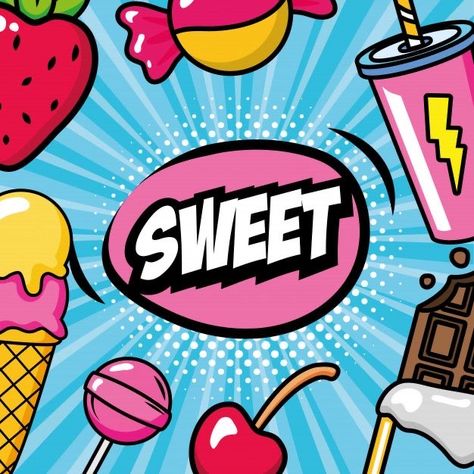 Pop Art Sweets Ragazza Pop Art, Pop Art Food, Pop Art Background, Pop Art Nails, Candy Board, Study English, Pop Art Drawing, Pop Art Girl, Pop Art Illustration