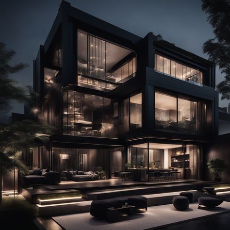 Dark Modern House Interiors, Modern Black House Exterior, Black Luxury House, Make Your House Look Expensive, Black Mansion, Black Modern House, Dark Modern House, Design A House, Mansion Exterior