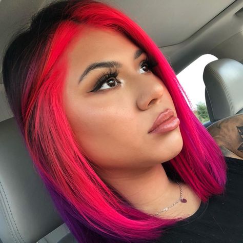 Colour Money Piece Hair, Money Piece Hair Color Purple, Money Piece Vivid Hair, Neon Pink Money Piece Hair, Plum Hair With Pink Money Piece, Magenta Hair With Blonde Money Piece, Colourful Money Piece Hair, Money Piece Hair Colorful, Bright Pink Money Piece Hair