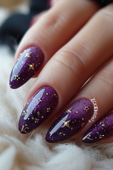 Purple Nail Designs 2024 Black And Purple Nails Wedding, Nails Witchy Aesthetic, Eclipse Nails 2024, Dark Purple Nail Designs Coffin, Purple Sun And Moon Nails, Purple Nails Witchy, Fall Nails Witchy, Flower Fairy Nails, Purple Nails Elegant