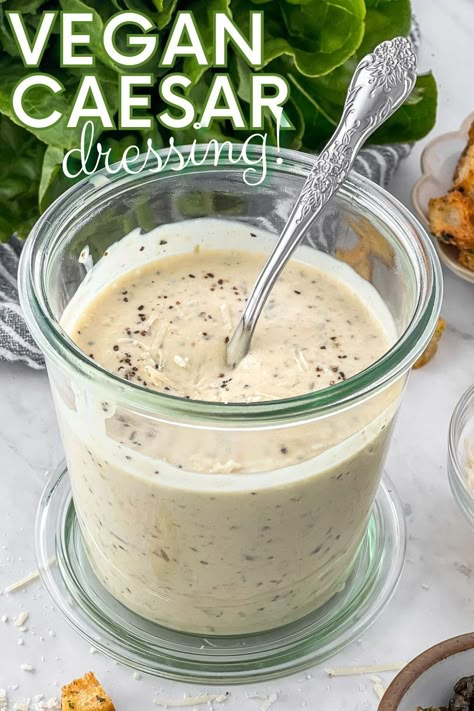 This vegan Caesar salad dressing recipe is so incredibly easy to make and tastes just like a classic Caesar dressing. Our whole family is obsessed! Makes a great veggie dip too! #dairyfree Vegan Ceasar Dressing, Vegan Ceasar Salad, Dairy Free Caesar Dressing, Vegan Caesar Salad Dressing, Ceasar Dressing, Anchovy Paste, Caesar Salad Dressing Recipe, Vegan Caesar Dressing, Caesar Dressing Recipe