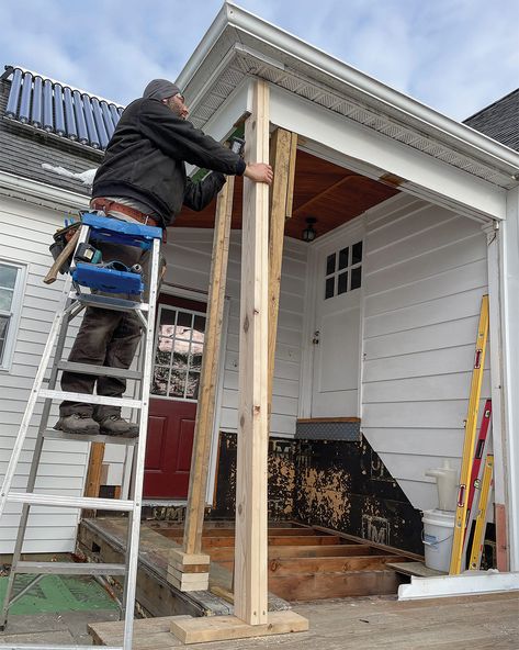 Series of photos showing progress from exposed porch to mudroom Front Mudroom Addition, Porch To Mudroom, Mudroom Addition, Single Pane Windows, Utility Area, Building Types, Architectural Photographers, Storm Door, Laundry Storage