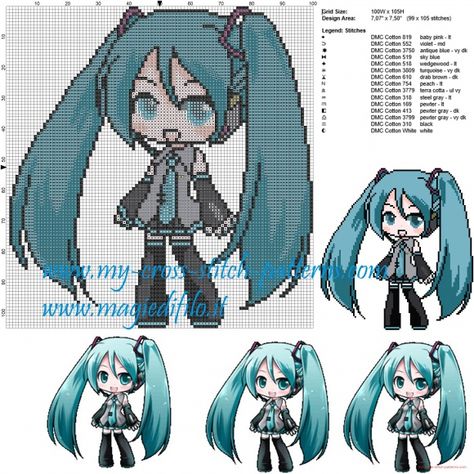 Hatsune Miku (Vocaloid) cross stitch pattern Kawaii Cross Stitch, Miku Vocaloid, Pixel Art Templates, Pixel Art Grid, Pola Kristik, Anime Pixel Art, Pixel Pattern, Crochet Cross, Perler Bead Art