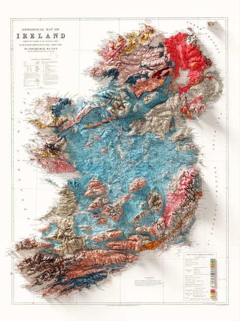 Vintage Geological Map of Ireland first published in 1878. We've restored this beautiful map created almost 150 years ago and added shaded relief for a modern look.Shaded Relief modelled from SRTM data for a 3D-like Visual Perspective.This is a flat 2D print with very realistic shading that appears as though it is 3D. Note that the main theme to our relief maps is the hillshading affect and in certain shaded areas on the map the process can make some of the original text illegible. Additionally, Map Of Ireland, Geological Map, Map Of Britain, Topography Map, Ireland Map, Elevation Map, Shading Techniques, Map Globe, Relief Map