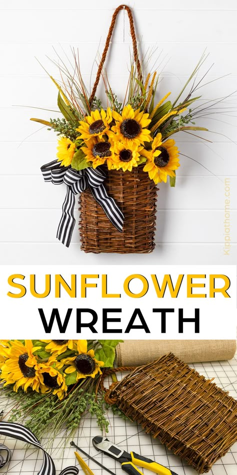 basket with sunflowers and bow Decorating Baskets, Sunflower Wreath Diy, Front Door Baskets, Easy Fall Wreaths, Sunflower Crafts, Floral Door Wreaths, Basket Wreath, Easy Diy Wreaths, Front Porch Christmas Decor Ideas