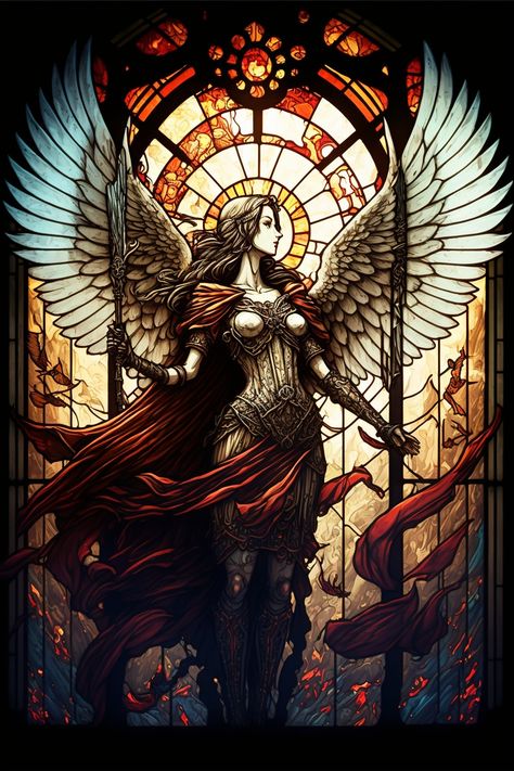 Tsaphkiel or Zaphkiel (also written as Tzaphqiel, Zaphchial, Zaphiel, or Zelel) is an archangel. Represented either as a male or female, (s)he is equated with Jophiel/Zophiel, but other times considered to be a different angel. Zaphkiel is "chief of the order of thrones and one of the 9 angels that rule Heaven; also one of the 7 archangels." She can watch people when they need to make important decisions and when they need to put them into words for others. If they are unsure of the words,... Celestial Warrior, Celestial Woman, Stained Glass Artwork, 7 Archangels, Warrior Angel, Cherub Art, Stain Glass Window Art, Woman Warrior, Glass Window Art