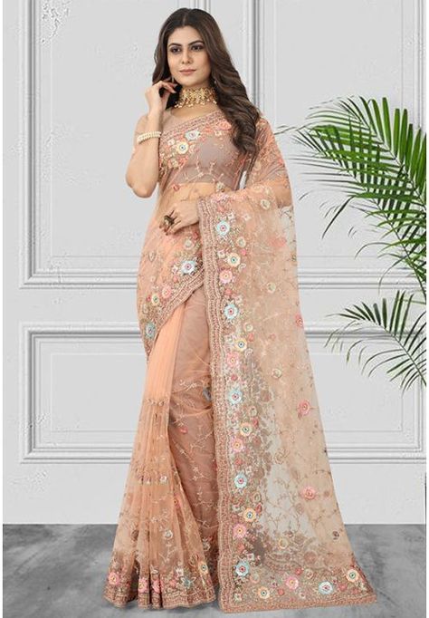 Peach Resham Embroidered Net Saree Diwali Mehendi, Saree For Engagement, Peach Color Saree, Classic Saree, Peach Saree, Engagement Reception, Peach Colour, Indian Designer Sarees, Peach Blouse